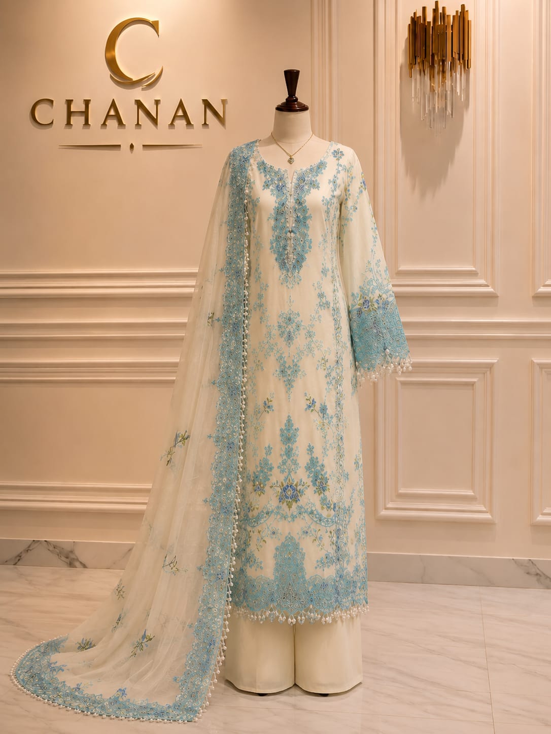 Sky Blue Embroidered Chiffon 3-Piece Suit Unstitched