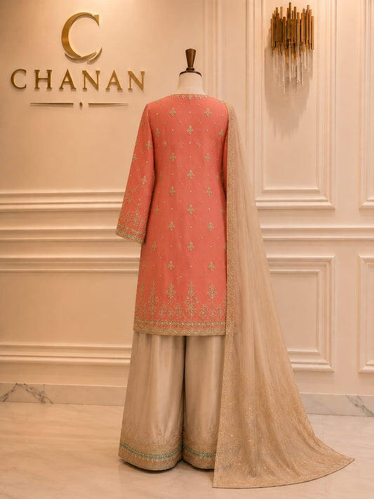 Coral Peach Silk Kurta with Net Dupatta