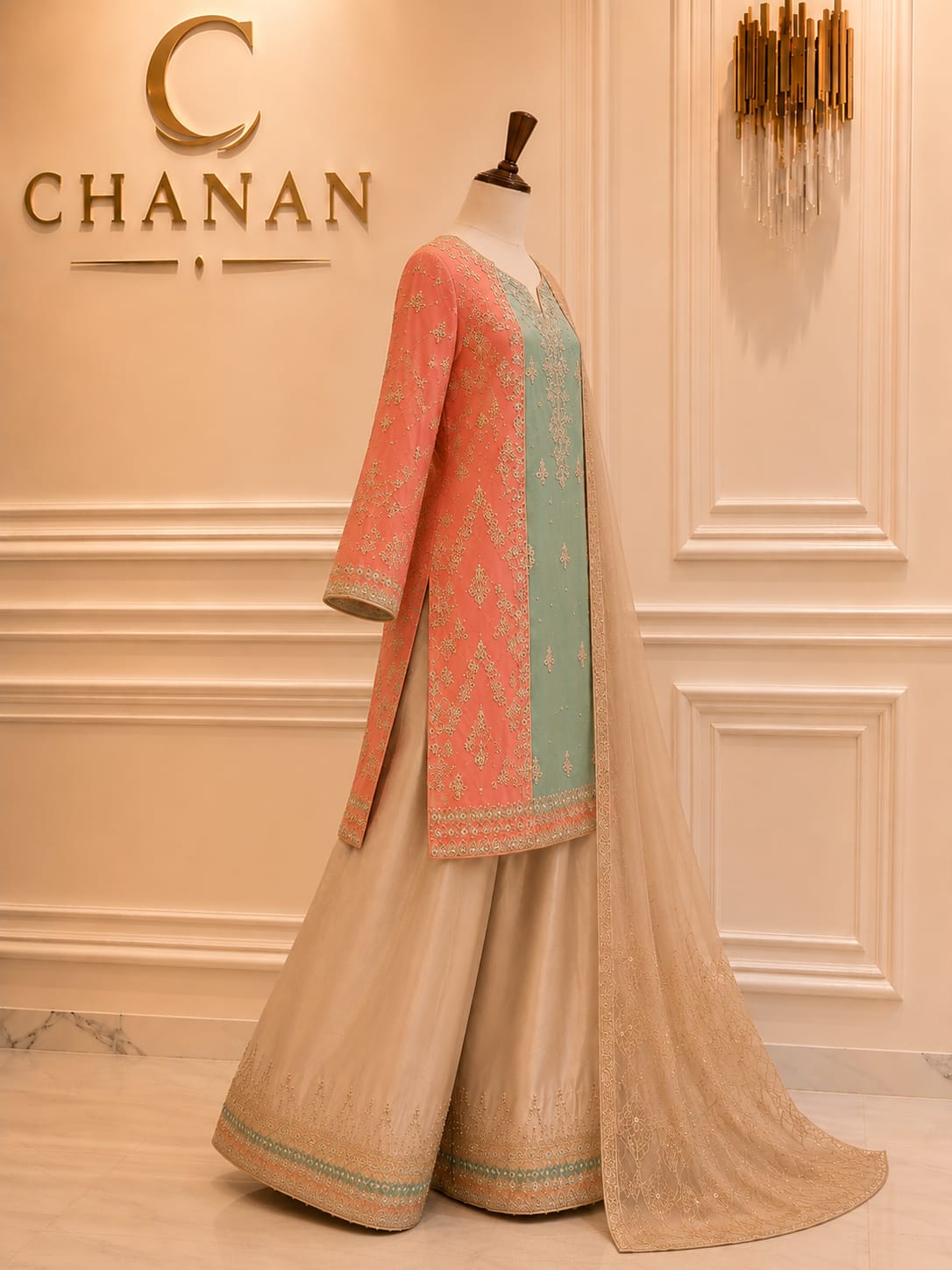 Coral Peach Silk Kurta with Net Dupatta