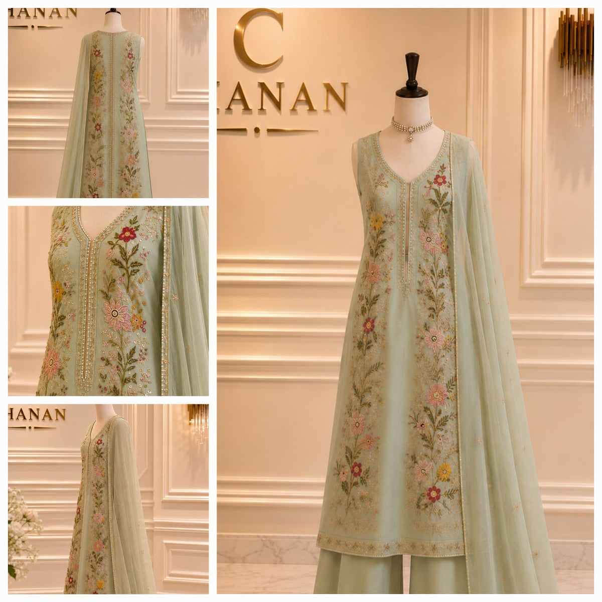 Ice Blue Mint Embroidered Organza Suit