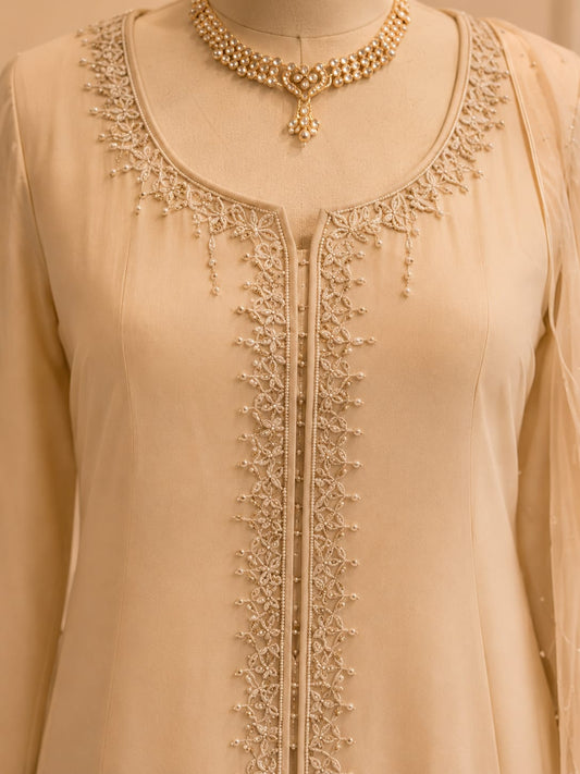 Nude Beige Embroidered Chiffon Maxi