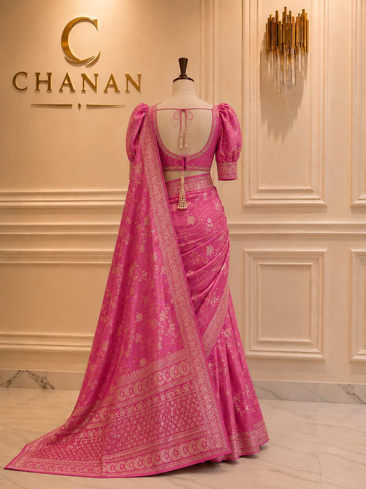 Magenta Pink Satin Silk Flare Lehenga Set