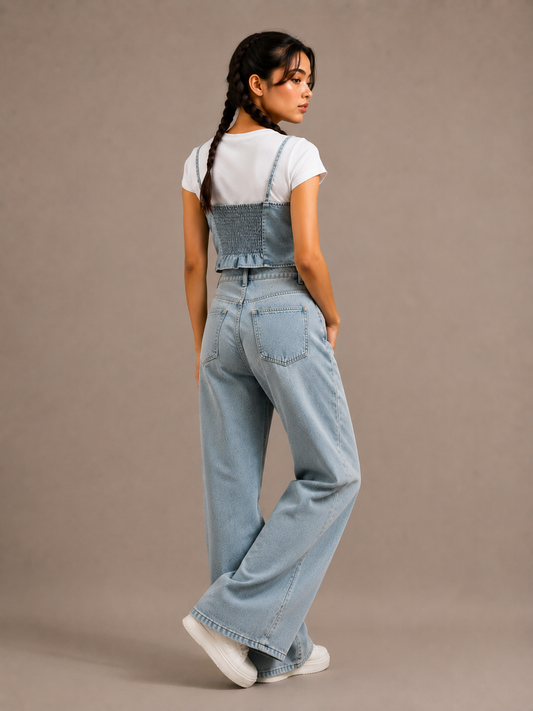 Casual Light Wash Denim Overalls Jumpsuit