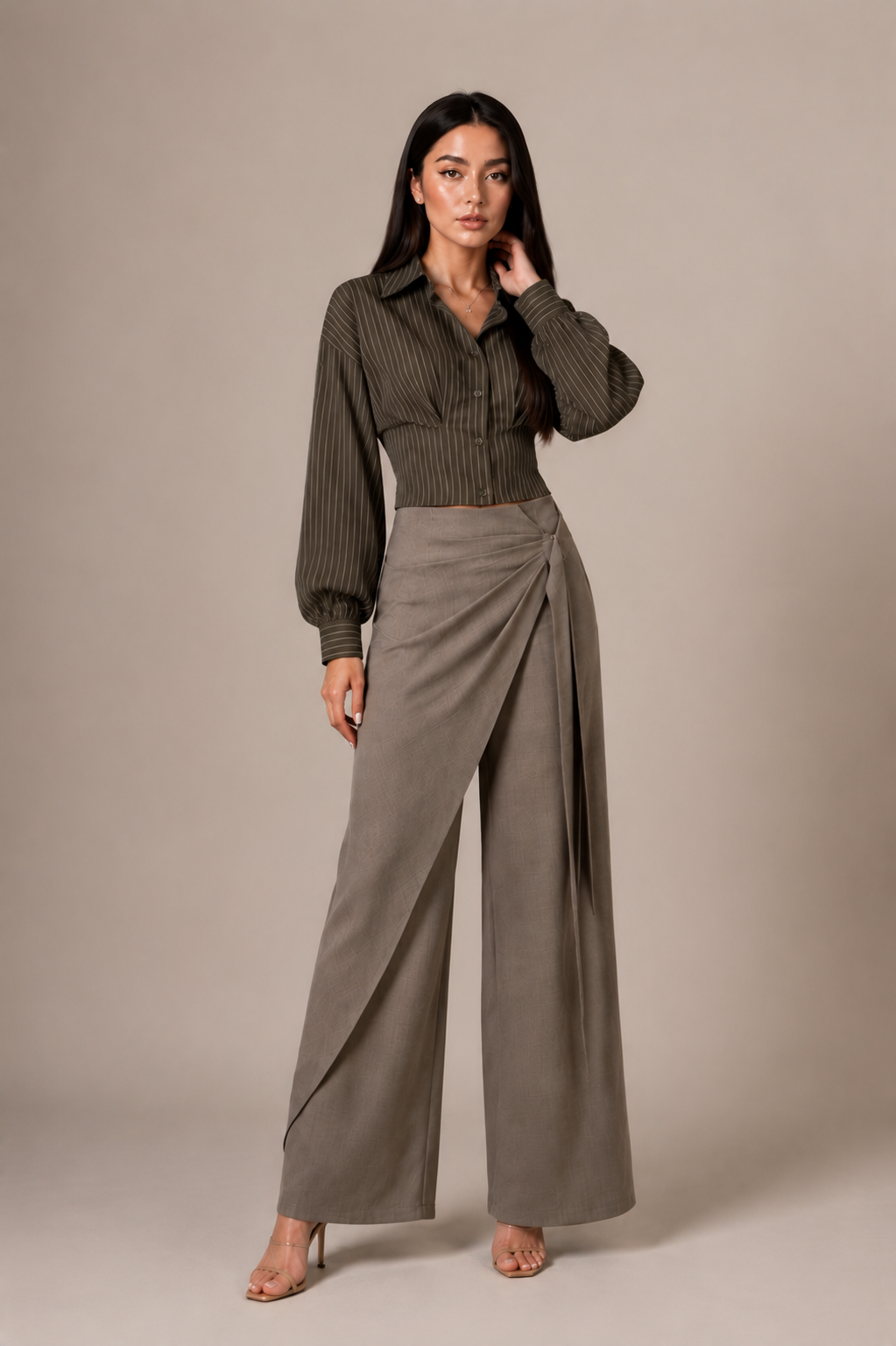 Olive Green Wrap Blouse & Pleated Palazzos Set