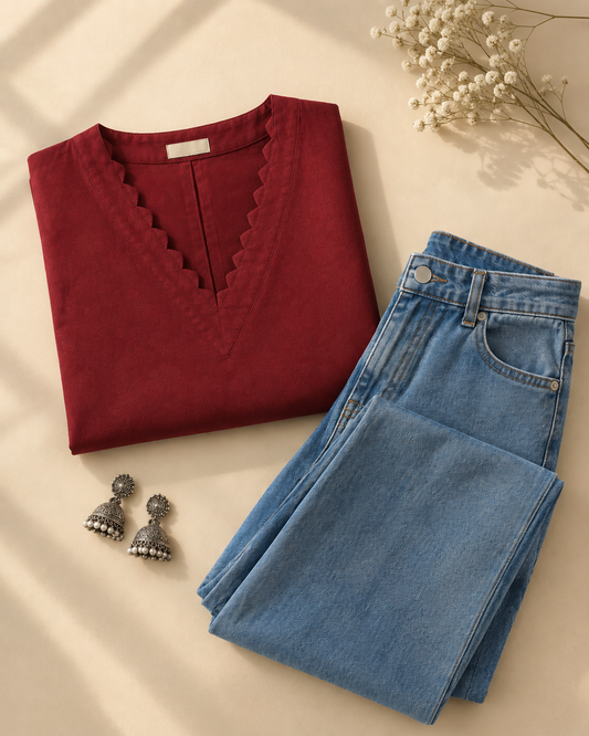 Maroon Ribbed Knit Top & Wide Leg Denim Jeans