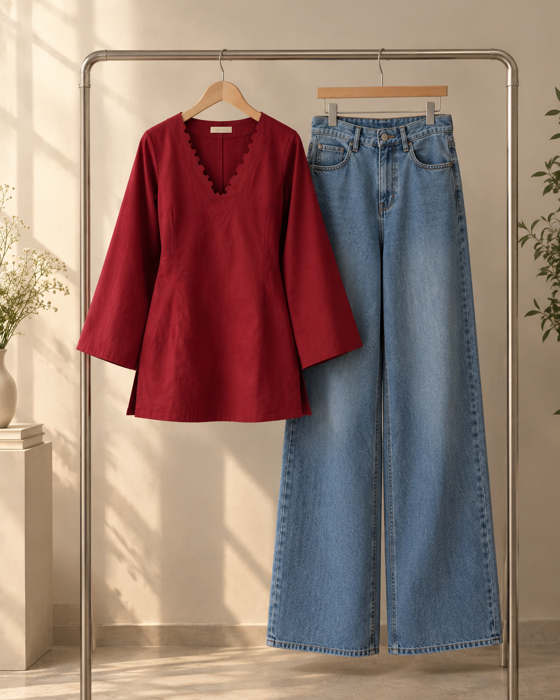 Maroon Ribbed Knit Top & Wide Leg Denim Jeans