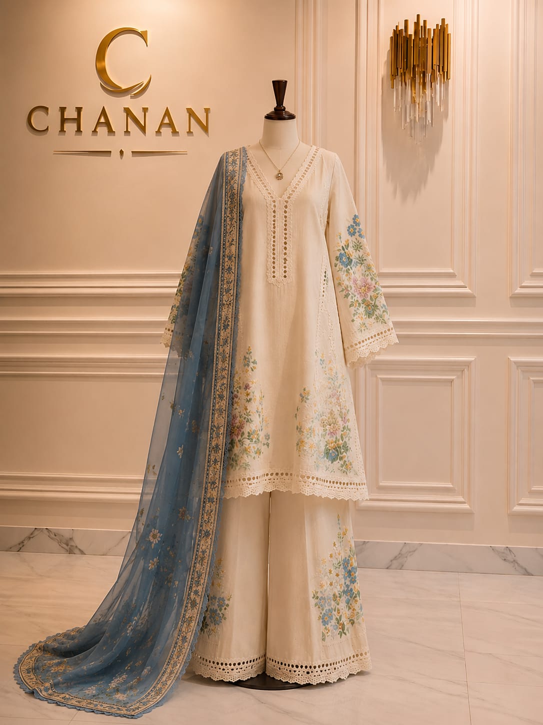 Off-White & Slate Blue Embroidered Lawn Suit Unstitched