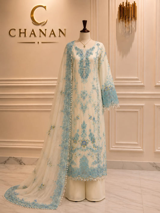 Sky Blue Embroidered Chiffon 3-Piece Suit Unstitched