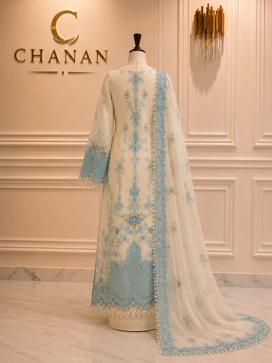 Sky blue and ivory embroidered 3 piece suit with dupatta for women
