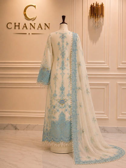 Sky blue and ivory embroidered 3 piece suit with dupatta for women