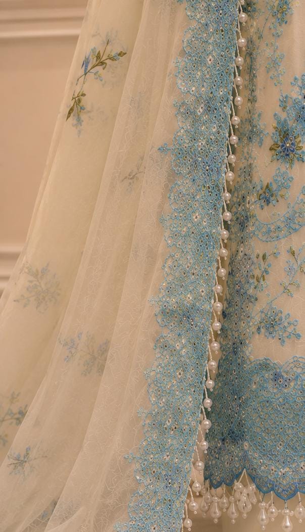 Sky blue embroidered border detail on ivory dupatta