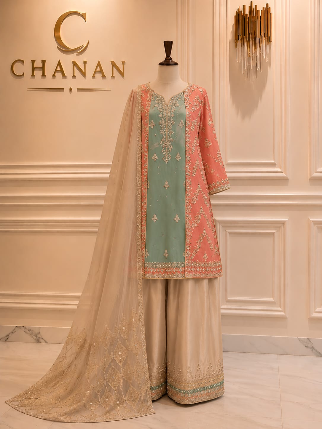 Coral Peach Silk Kurta with Net Dupatta