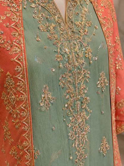 Coral Peach Silk Kurta with Net Dupatta