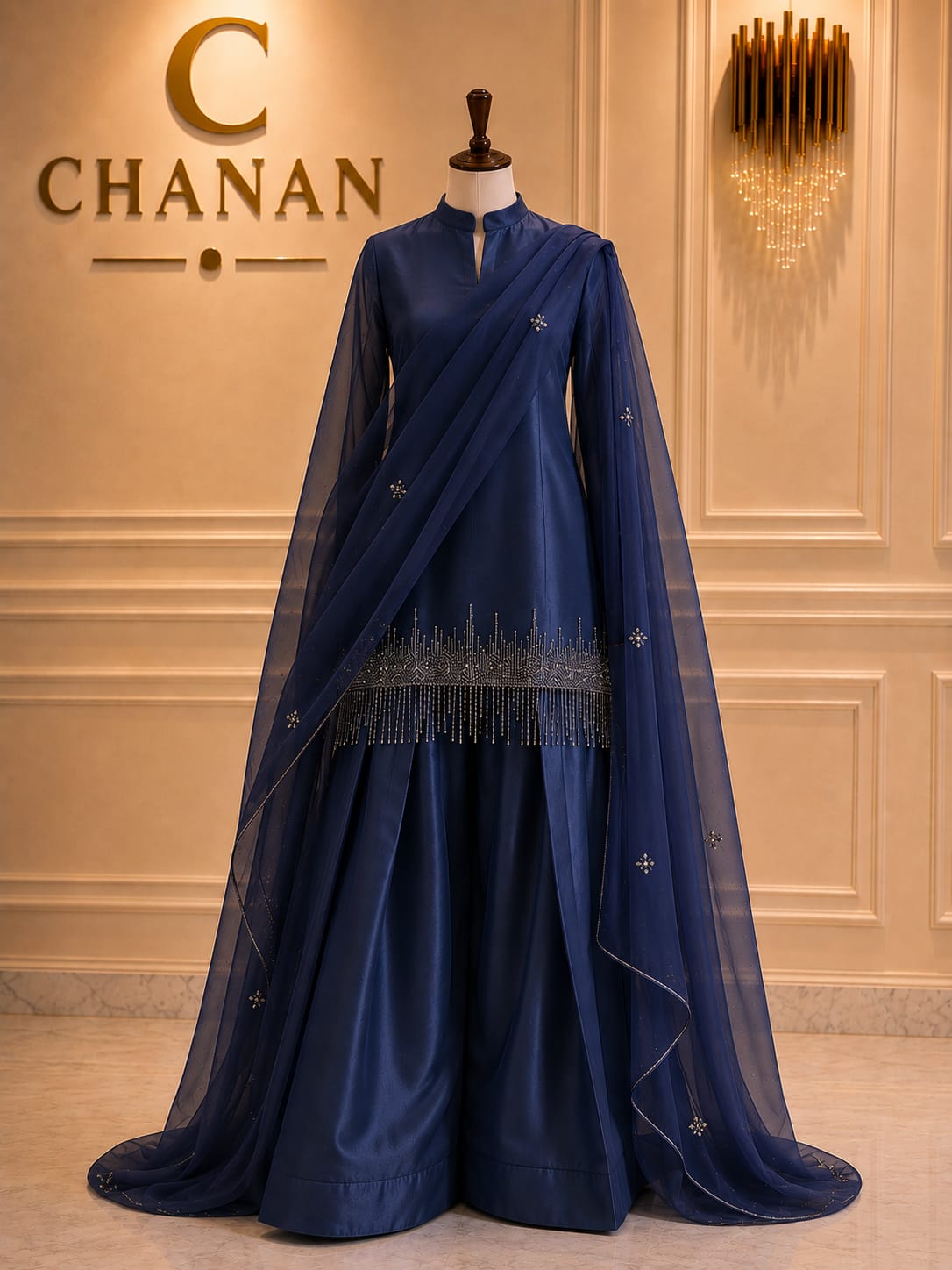 Royal Blue Embroidered Organza Gown