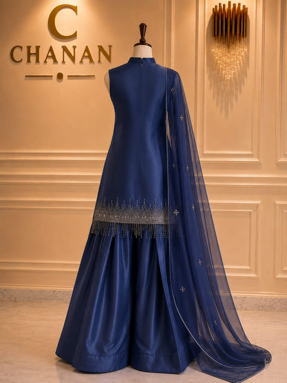 Royal Blue Embroidered Organza Gown