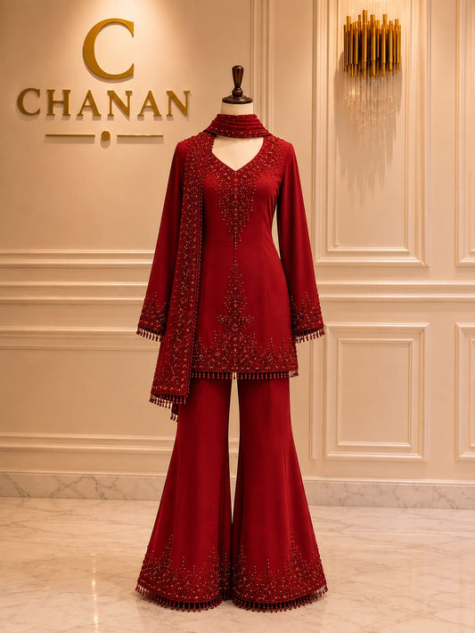 Maroon Crimson Velvet Embroidered Suit