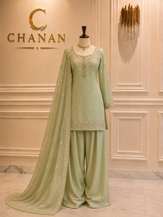 Pistachio Green Lawn Embroidered Suit