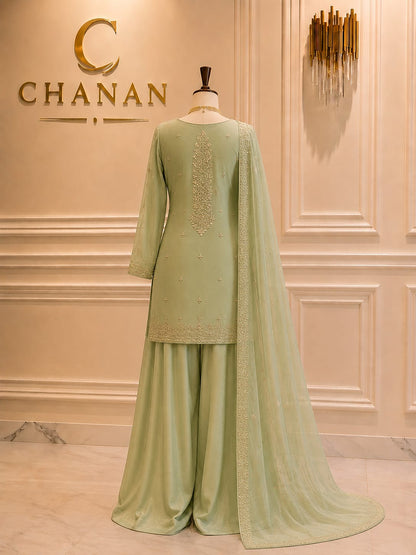 Pistachio Green Lawn Embroidered Suit