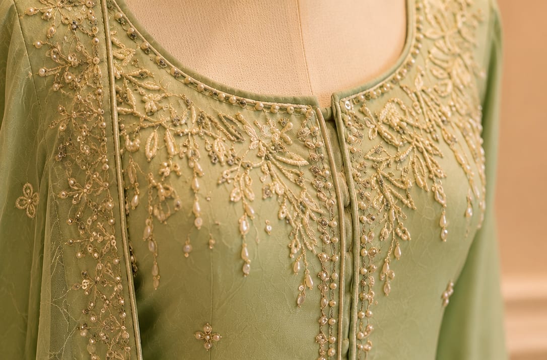 Pistachio Green Lawn Embroidered Suit