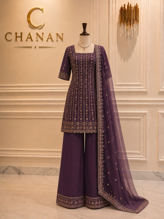 Aubergine Purple Chiffon Sharara Set