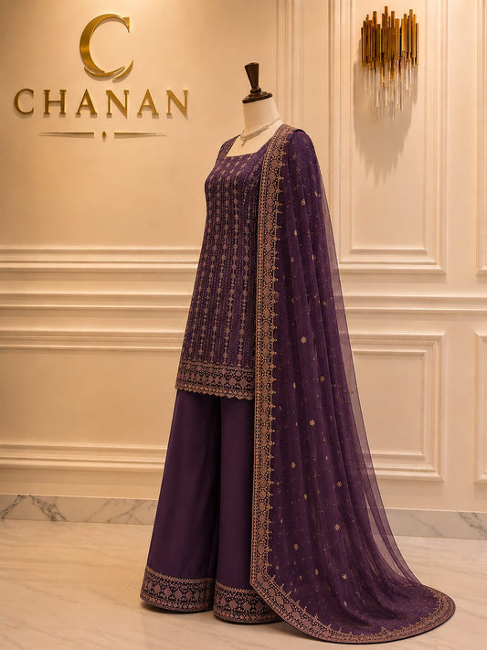 Aubergine Purple Chiffon Sharara Set