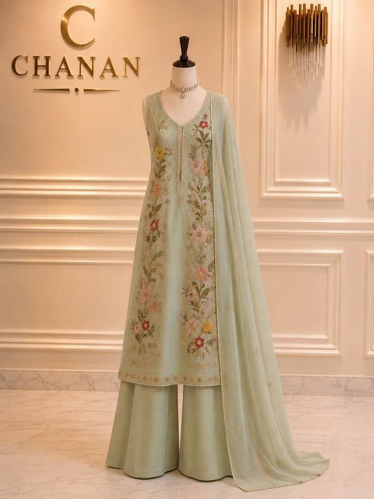 Ice Blue Mint Embroidered Organza Suit