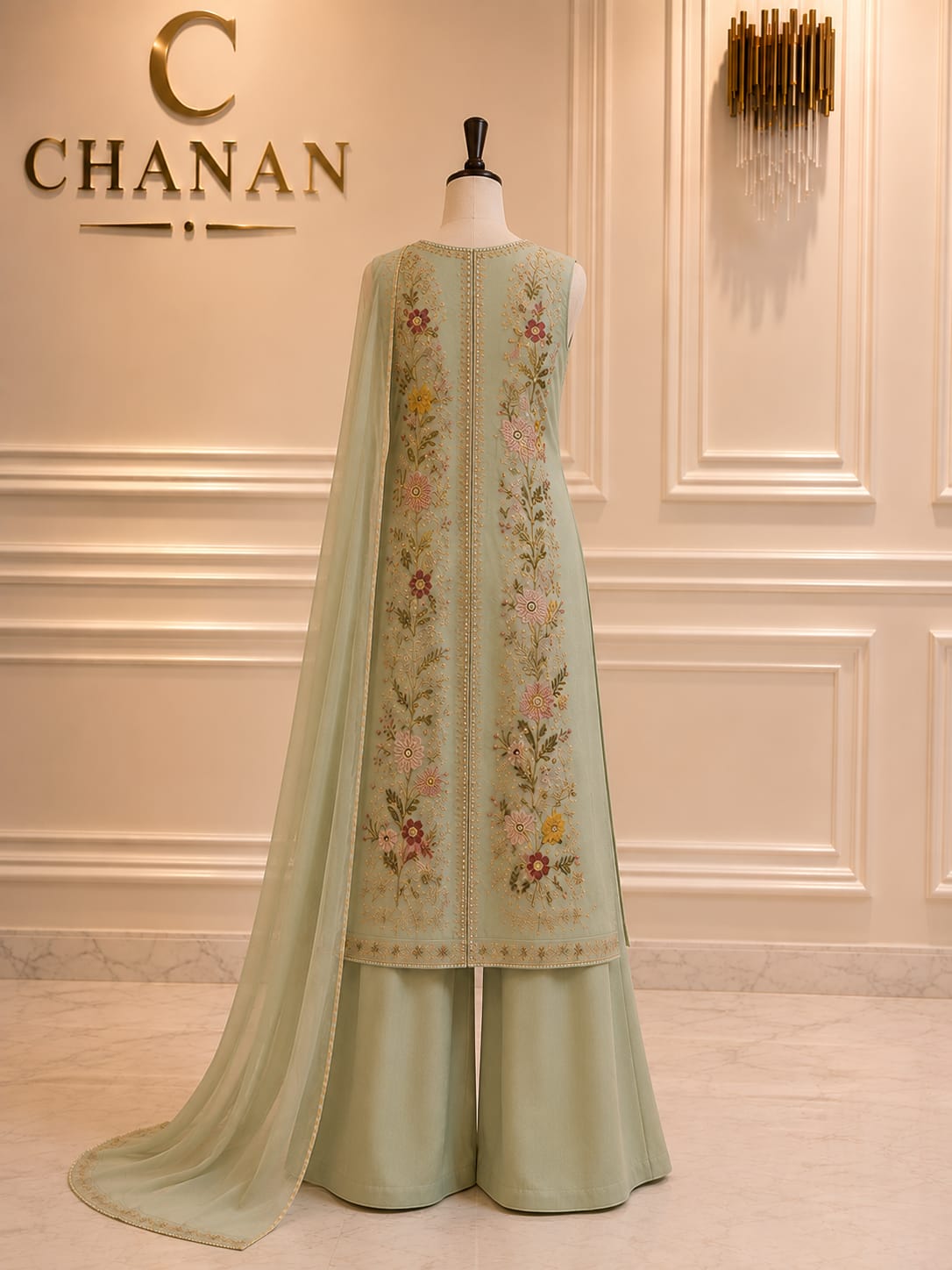 Ice Blue Mint Embroidered Organza Suit