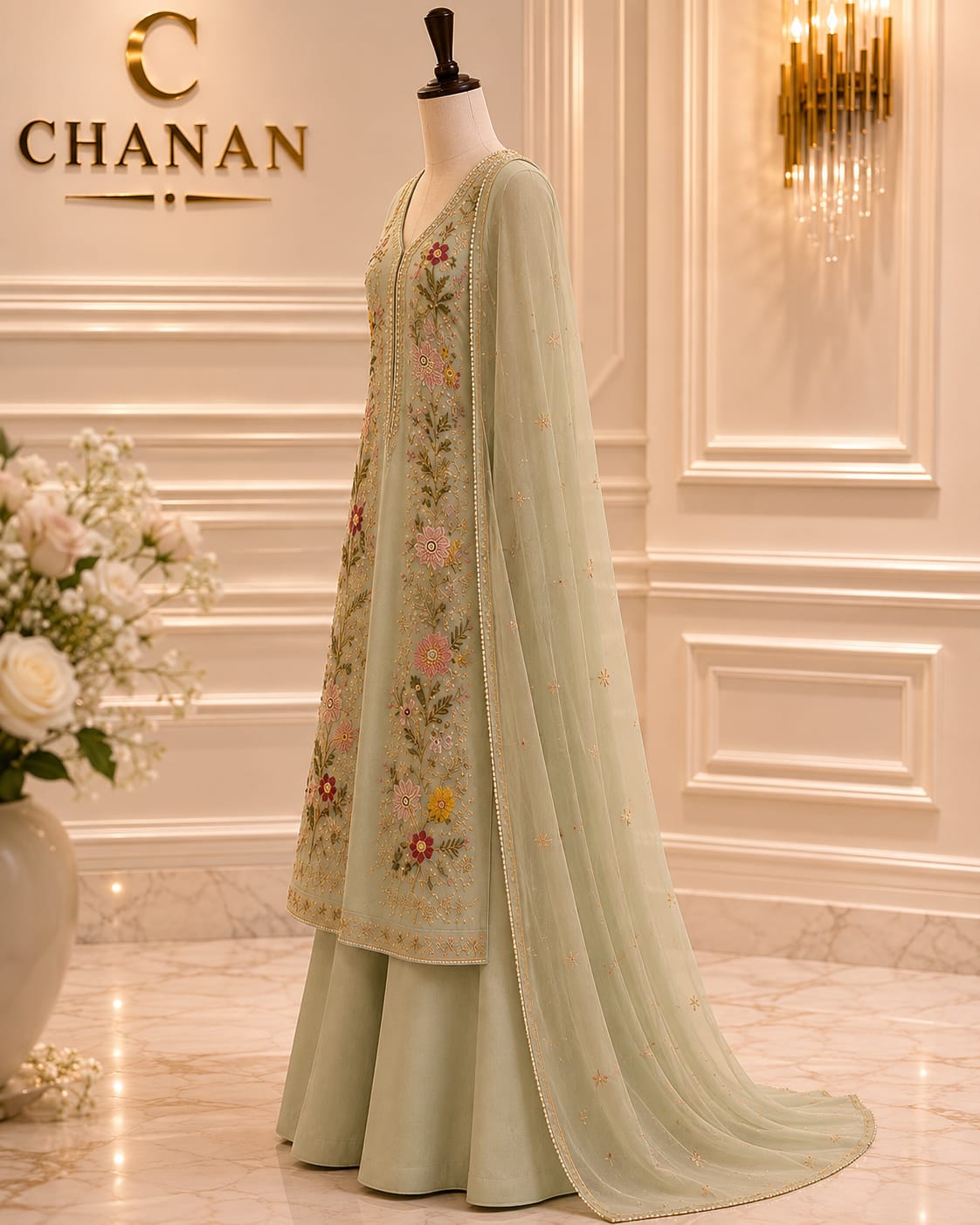 Ice Blue Mint Embroidered Organza Suit