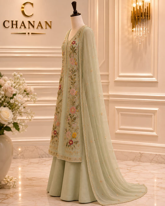 Ice Blue Mint Embroidered Organza Suit