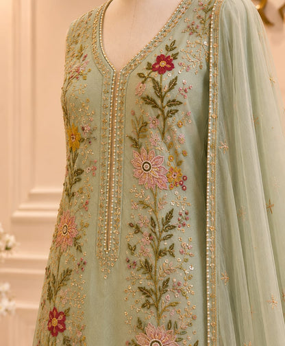 Ice Blue Mint Embroidered Organza Suit
