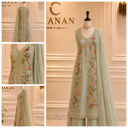 Ice Blue Mint Embroidered Organza Suit