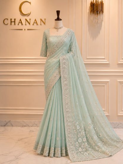 Sage Green Net Embroidered Saree Suit