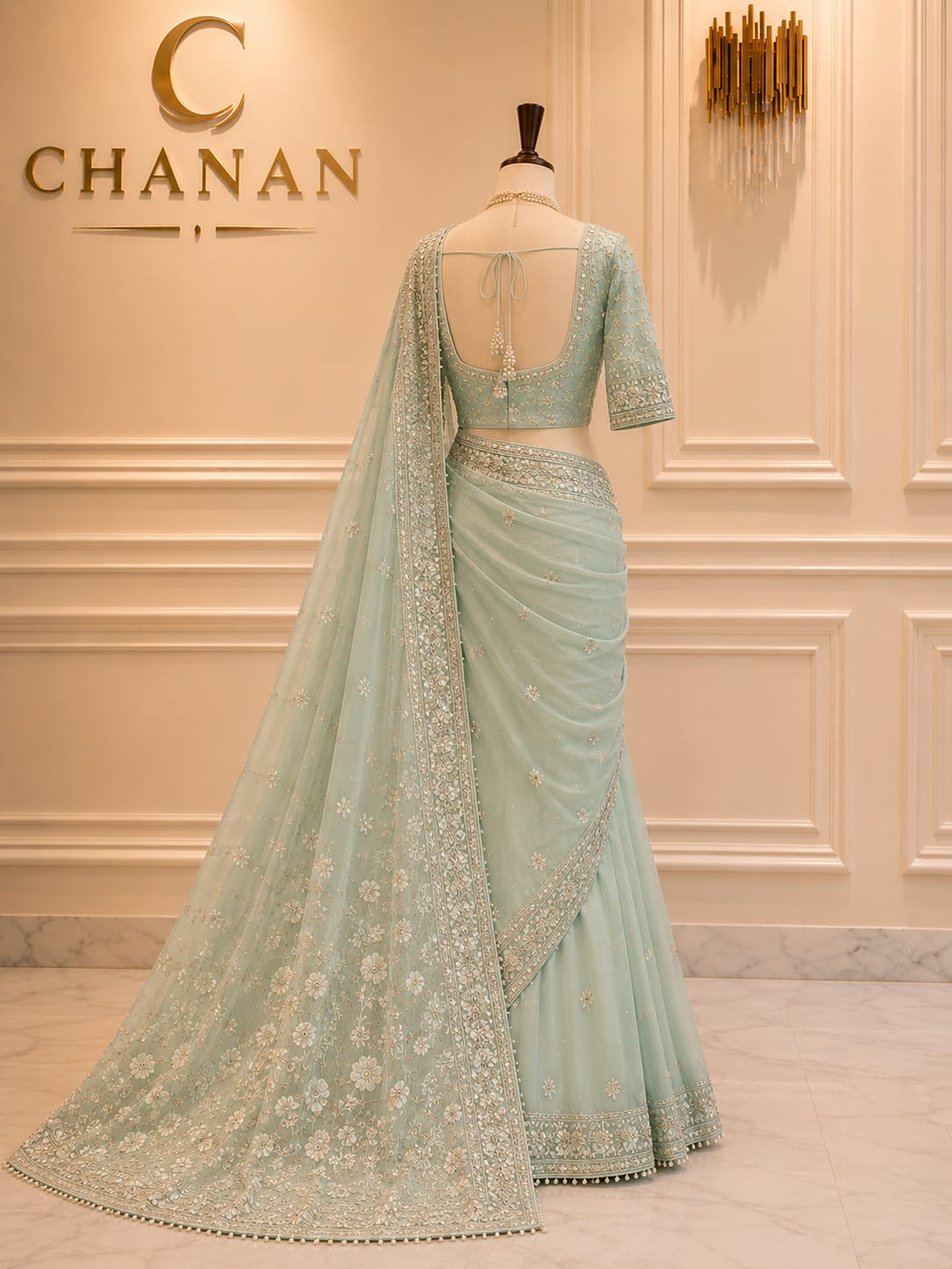 Sage Green Net Embroidered Saree Suit