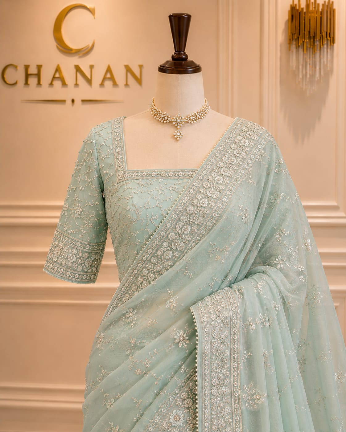 Sage Green Net Embroidered Saree Suit