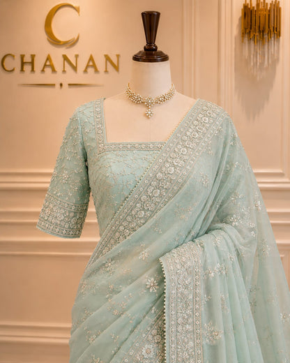 Sage Green Net Embroidered Saree Suit