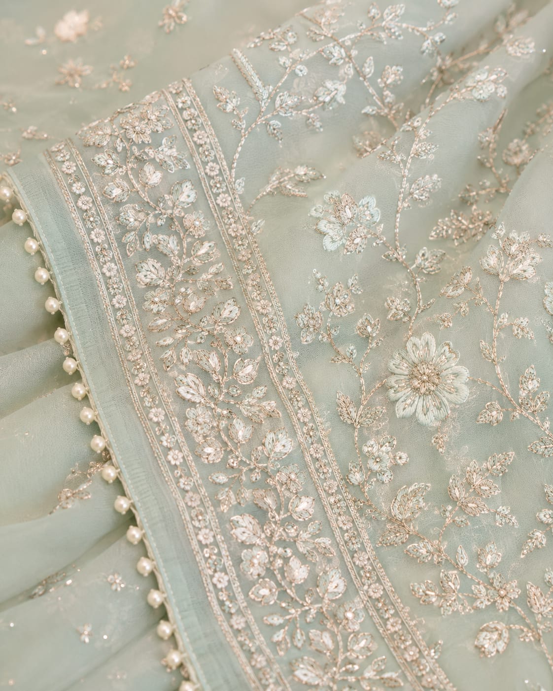 Sage Green Net Embroidered Saree Suit