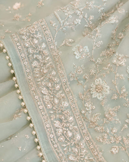 Sage Green Net Embroidered Saree Suit
