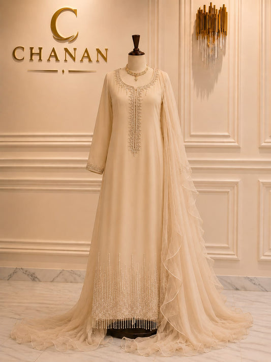 Nude Beige Embroidered Chiffon Maxi
