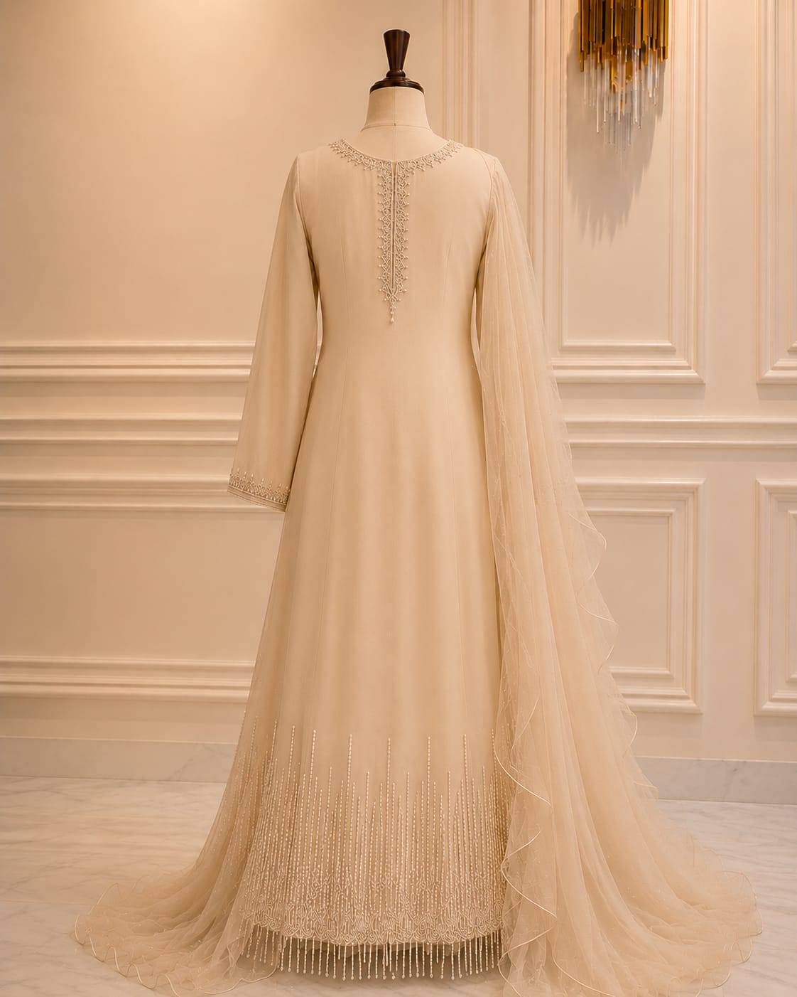 Nude Beige Embroidered Chiffon Maxi
