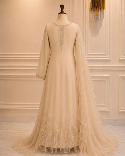 Nude Beige Embroidered Chiffon Maxi