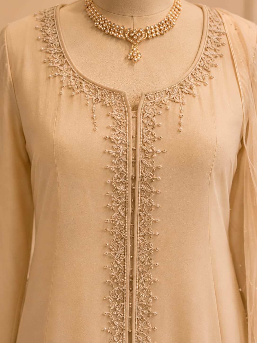 Nude Beige Embroidered Chiffon Maxi