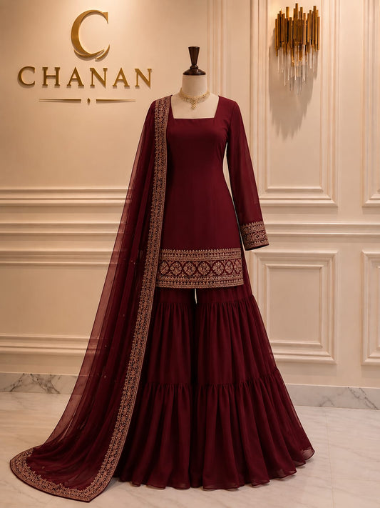 Burgundy Red Heavily Embroidered Velvet Suit