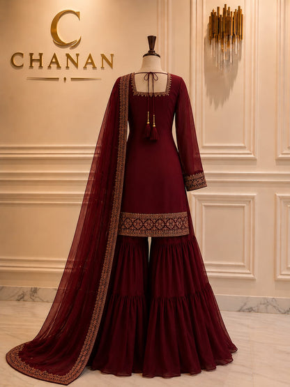 Burgundy Red Heavily Embroidered Velvet Suit