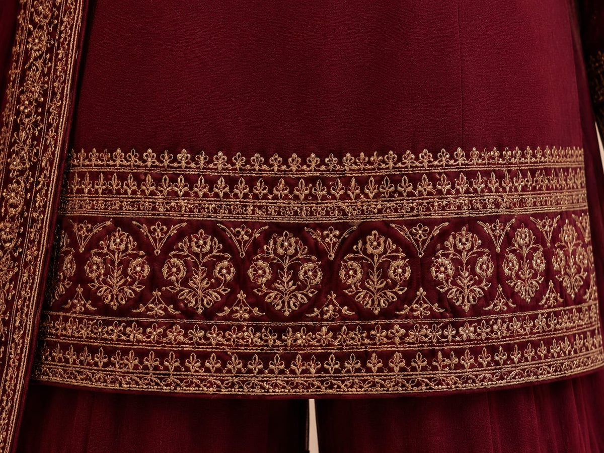 Burgundy Red Heavily Embroidered Velvet Suit