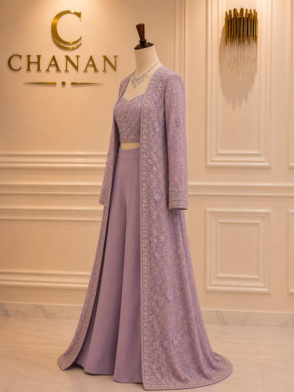 Lilac Lavender Silk Flared Long Shirt Set