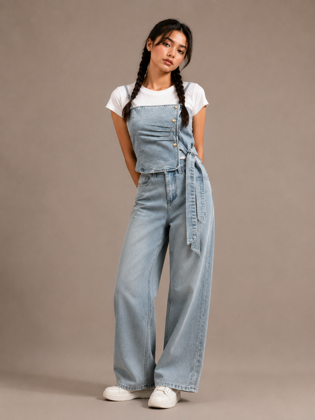 Casual Light Wash Denim Overalls Jumpsuit