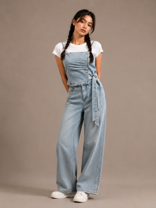 Casual Light Wash Denim Overalls Jumpsuit