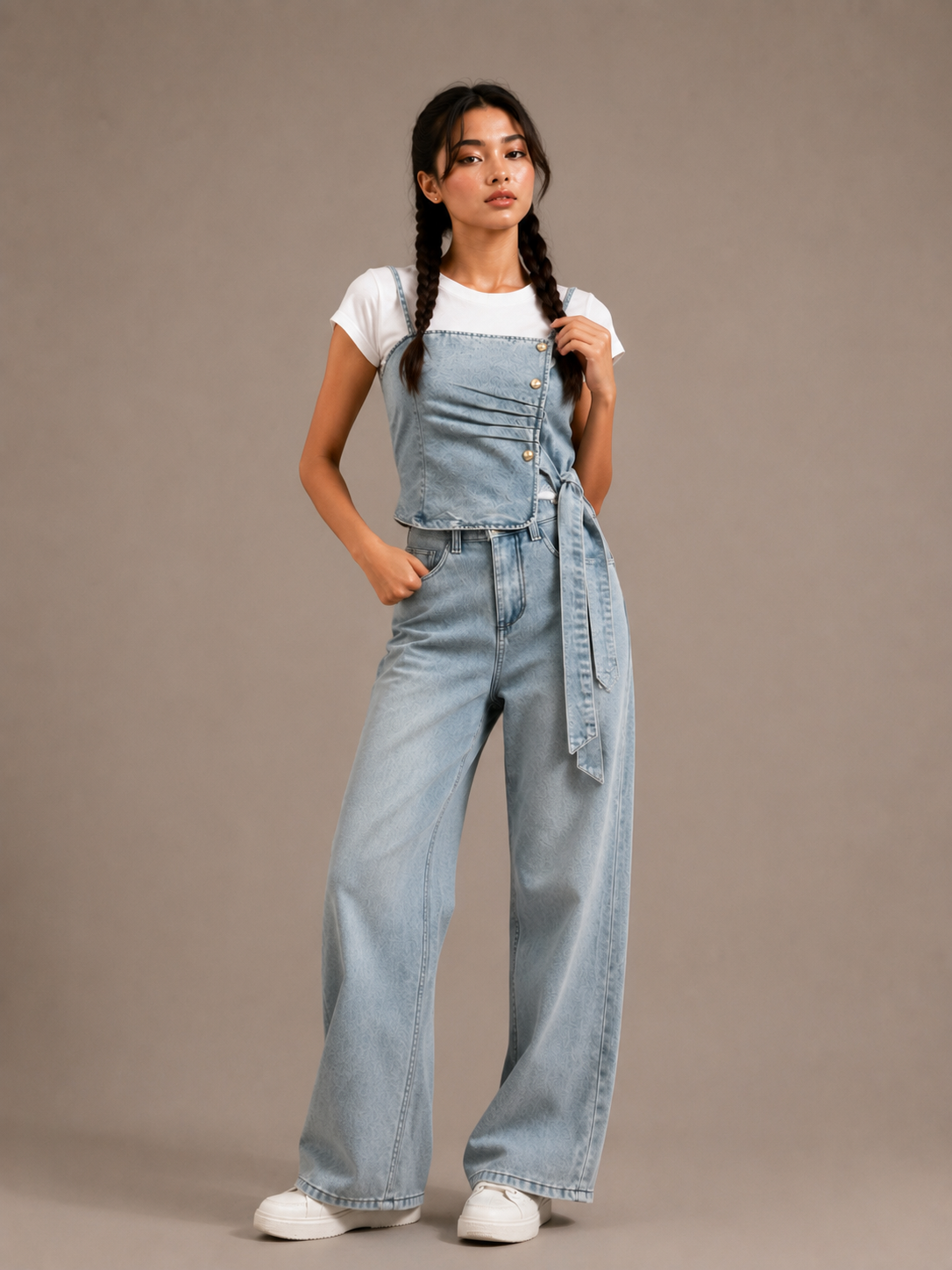 Skyline Denim Tie-Waist Dungaree Set