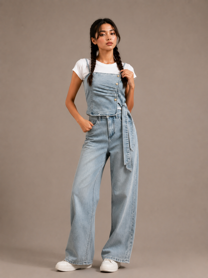 Skyline Denim Tie-Waist Dungaree Set