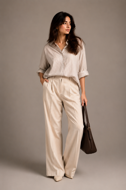 Cream White Satin Shirt & Wide Leg Trouser Co-ord
